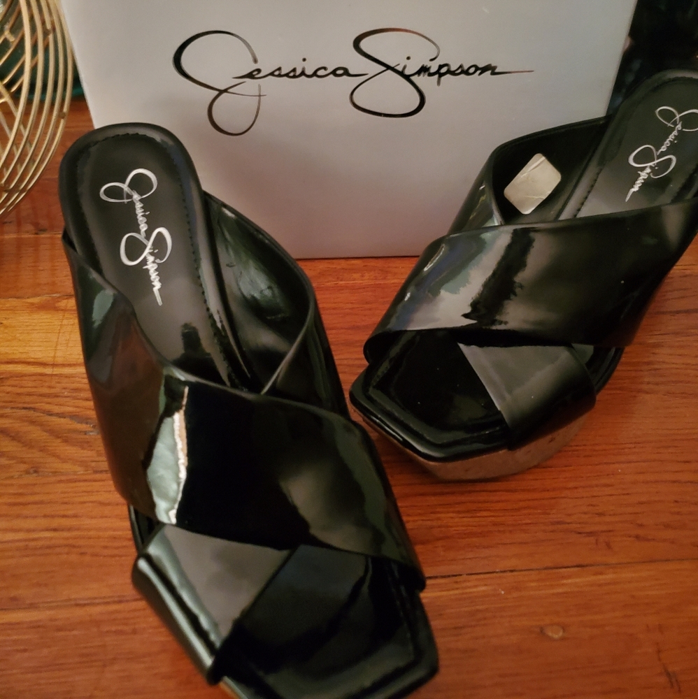 Jessica Simpson patent leather and cork wedges.